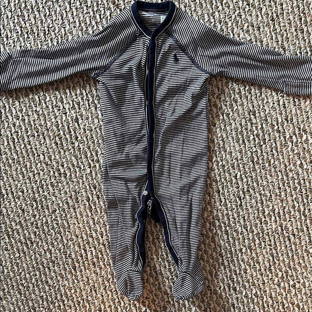 Ralph Lauren Navy Striped Snap Footie Romper 6m